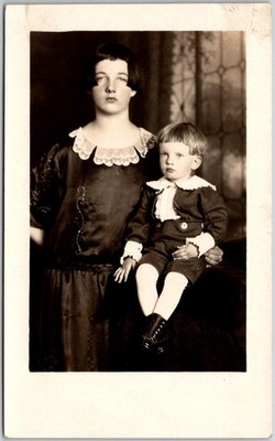 Postcard Woman or Sister w Son/Boy Portrait 2 Bad Haircuts!   RPPC Real Photo Ku