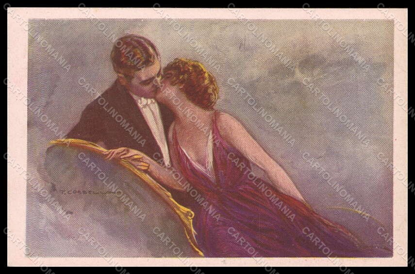 Artista Firmato Corbella Romantico Coppia Lady Kiss Art Deco Serie 513-2 pz VK7376