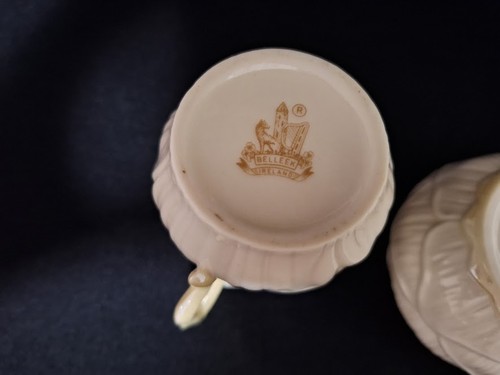 Belleek Ireland Mark Lily White Sugar and Creamer Yellow Lustre Gold Mark - Picture 5 of 8