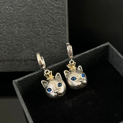 925 Silver Plated Elf Cat Earrings Tassel Dangle Vintage Hook Gift
