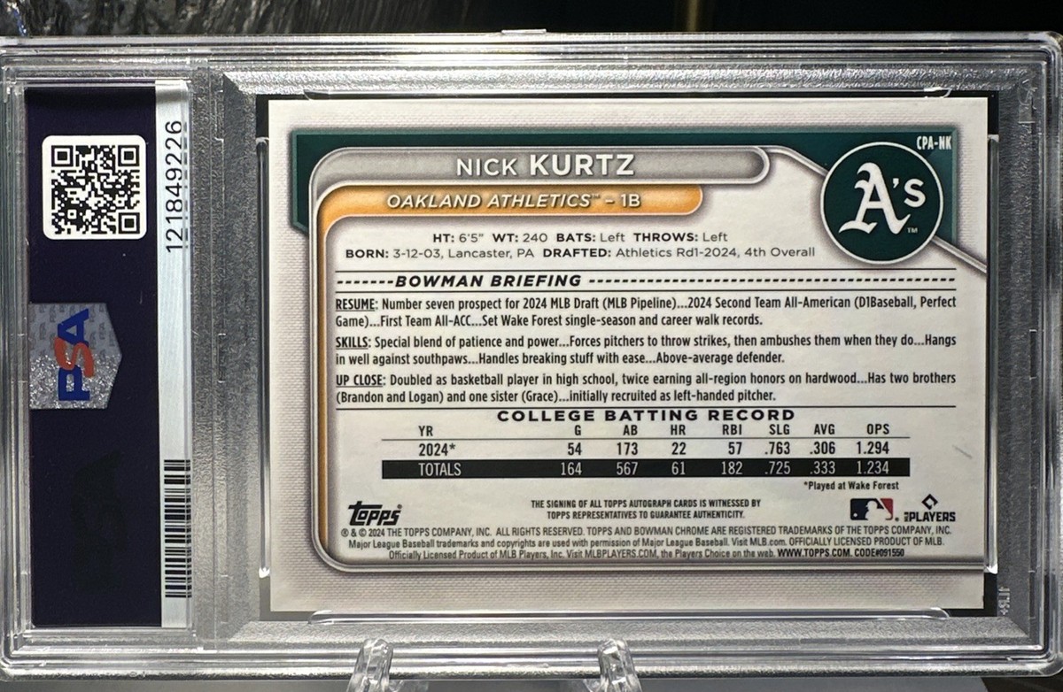 2024 Bowman Draft - Chrome Prospect Autographs Nick Kurtz #CPA-NK 