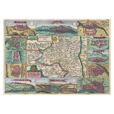 1747 Antique Map of Dauphine Region in Southeastern France with Village Views
