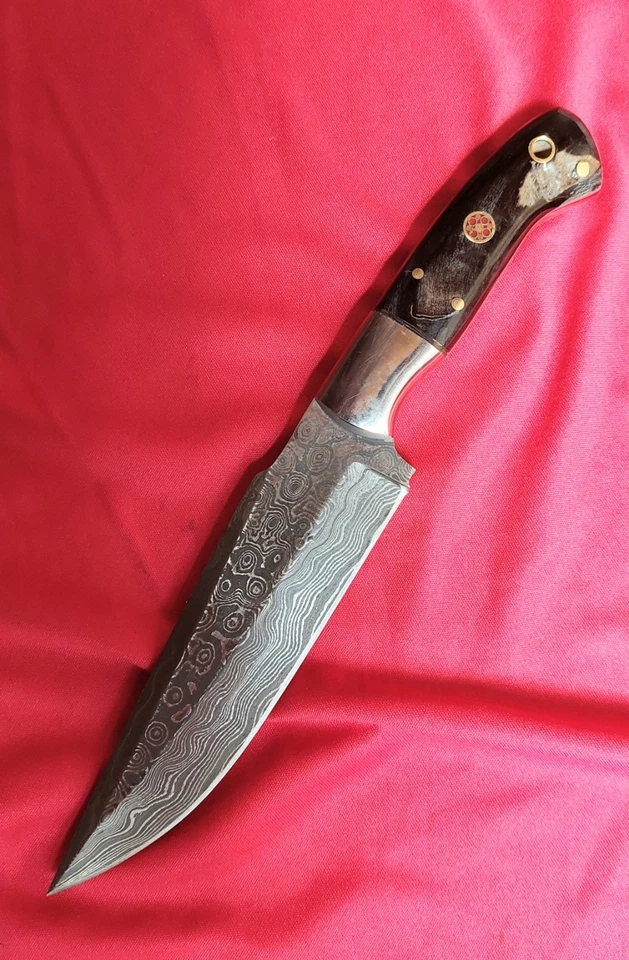 9" CFK Damasco Acero, Everyday Full Tang B&W Horn Grip Kinfe con Funda de Cuero Foto 2 de 4