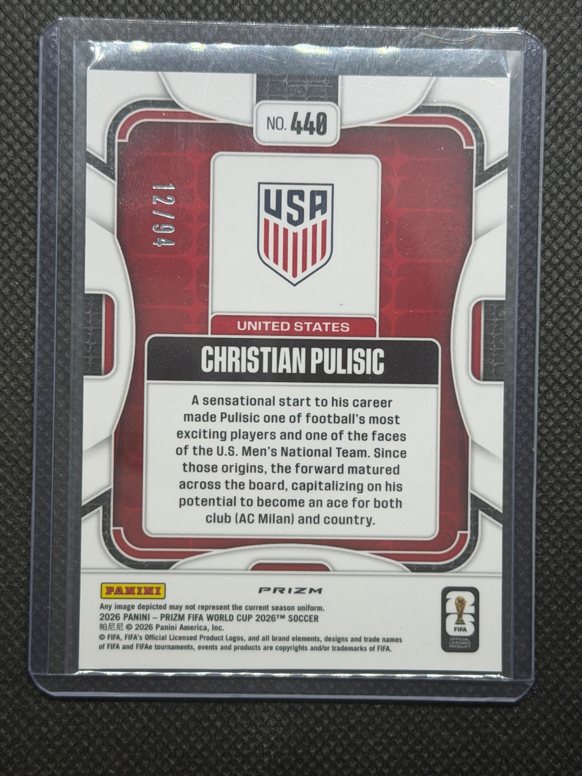 2026 Panini Prizm World Cup Christian Pulisic #440 Old Glory /94 SSP USA view 2