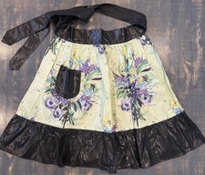 Vintage Handmade Apron Shiny Black Fabric Floral Flowers Cotton Cooking Baking
