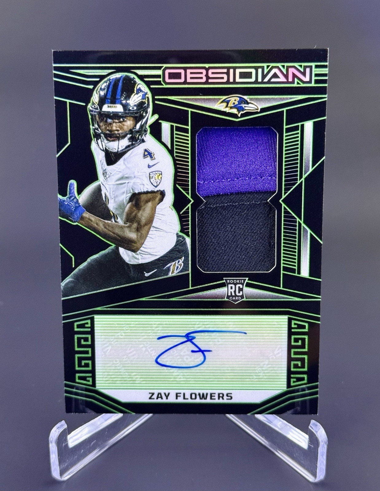 2023 Panini Obsidian Zay Flowers Rookie Patch Auto Green /25 Baltimore Ravens