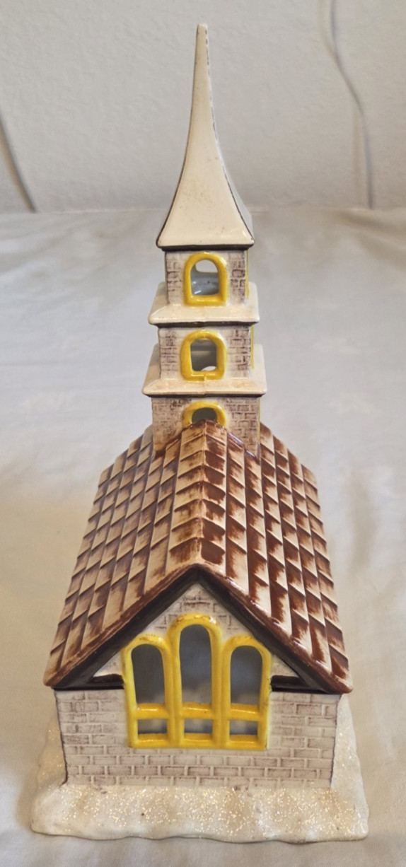 Byron Molds 1979 Ceramic Brown Yellow Sparkles Church Light Christmas Village