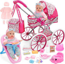 Baby Doll Stroller Set Baby Doll Accessories Playset Pretend Play Toys with 12"