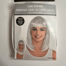 Peluca larga plateada blanca gris bob con flequillo pelo liso disfraz de Halloween ¡NUEVA CON ETIQUETAS!