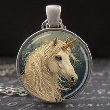 White Unicorn Necklace Fairy Tale Art Glass Pendant Silver Fantasy Charm Jewelry