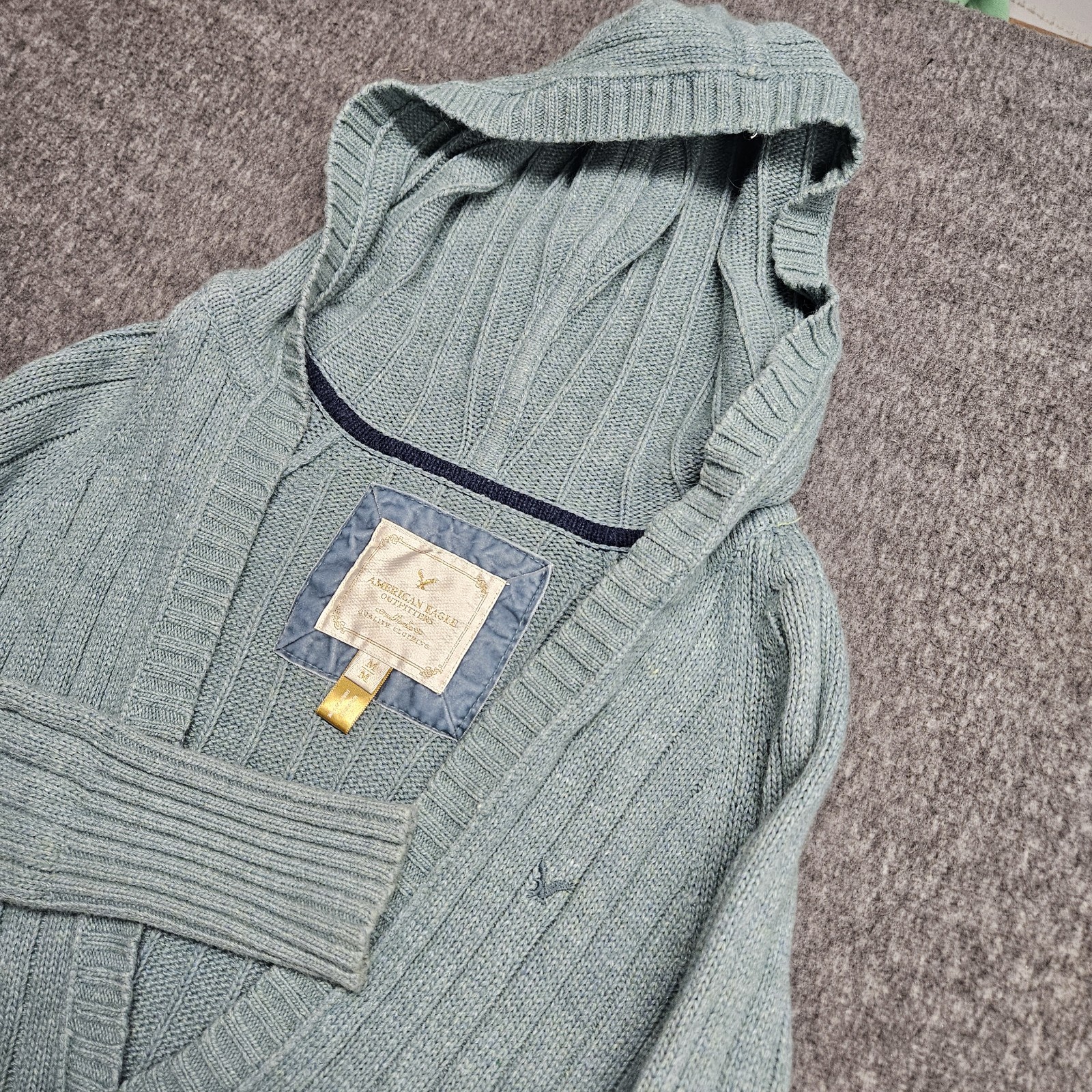 VTG American Eagle Outfitters Cable Knit V Neck Hooded Sweater Teal SZ Medium