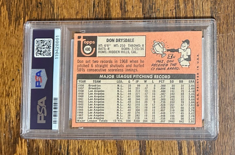 1969 Topps Baseball #400 Don Drysdale LA Dodgers HOF Vintage PSA 6 EX-MINT view 2