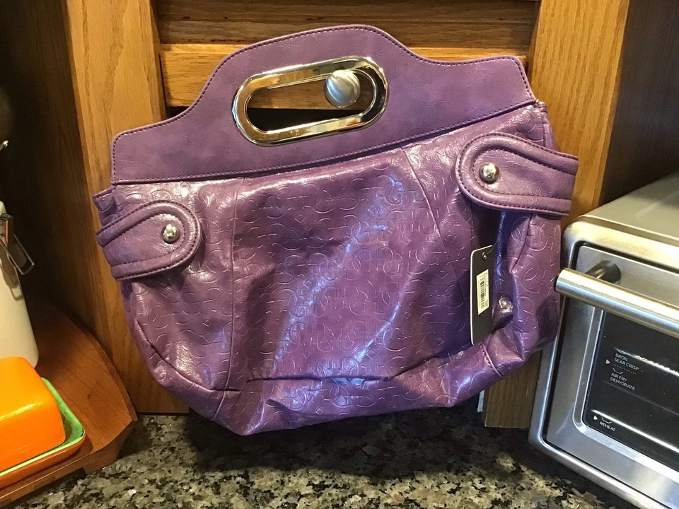 Guess 90’s GG LOGO PURPLE FAUX LEATHER BAG Top Handle Clutch Purse Glam Y2K TAGS - Image 3 of 4