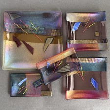 Lot Of 5 Gaya Studios Fused Glass Trays Dishes Dichroic Abstract Largest Is 10&rdquo;