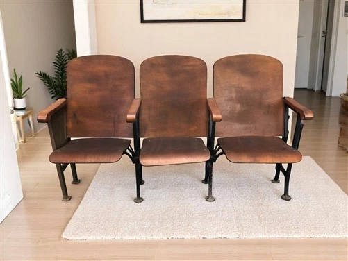 3 Vintage Wood Folding Theater Seats, Auditorium Seats, Entryway Bench, E7 - Image 2 of 4