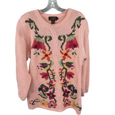 Vintage Eddie Bauer Sweater Womens M Floral Knit Pink Cotton 90s Oversize