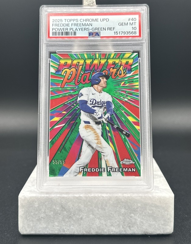 Freddie Freeman 2025 Topps Chrome UPD Power Players Green Refractor /99 PSA 10