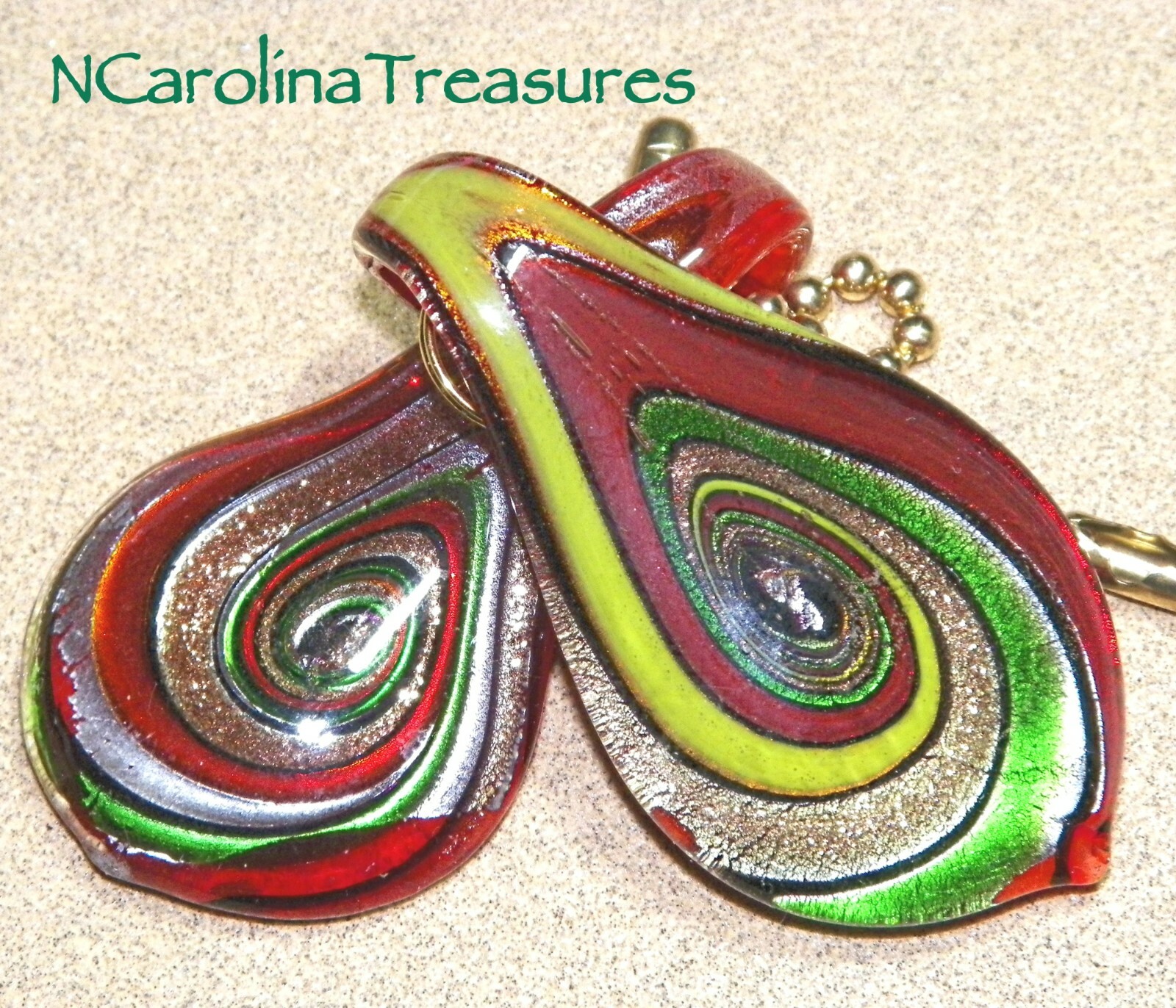Murano art glass ceiling fan pulls in red, yellow, and green swirl teardrop design - large pair-image