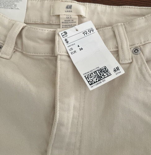 H&M LOGG Jeans Women's Youth Size 4 Ivory Denim Slim Fit Straight Tall NWT - Picture 3 of 6