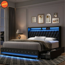 Marco De Cama Plataforma Queen Con Almacenaje Cabecera Tapizada Cuero PU LED Luz