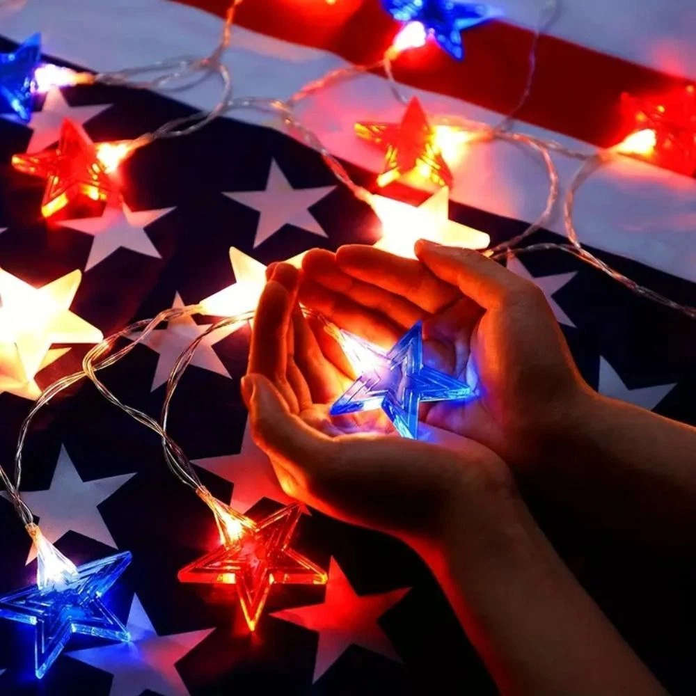 Red White Blue LED Star Lights Battery Operated 4th of July Lights Garden