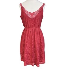 CHARLOTTE RUSSE Red Lace Cocktail Dress Medium Scoop Neck Sheer Back Hearts