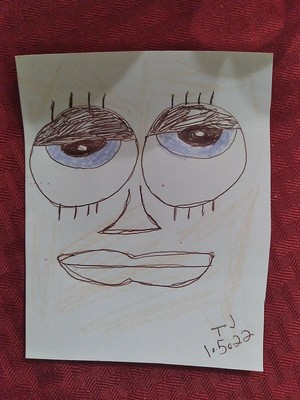 Woman big blue eyes face Portrait art Mixed Media art Drawing 4.5x5.5 On paper..
