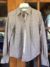 Vintage Liz Claiborne Blouse Medium Snap Front Lg Sleeves Tan Red Green Print