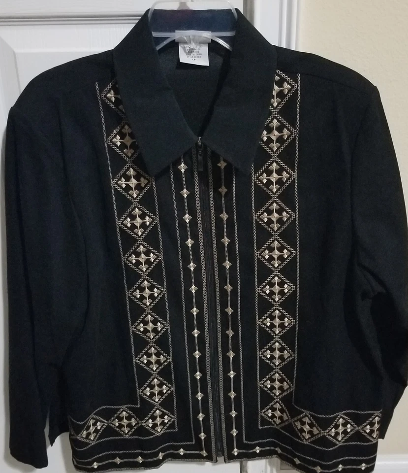 BonWorth Black Faux Suede Jacket Full Zip w/ Gold Embroidery PL--Jacket Only