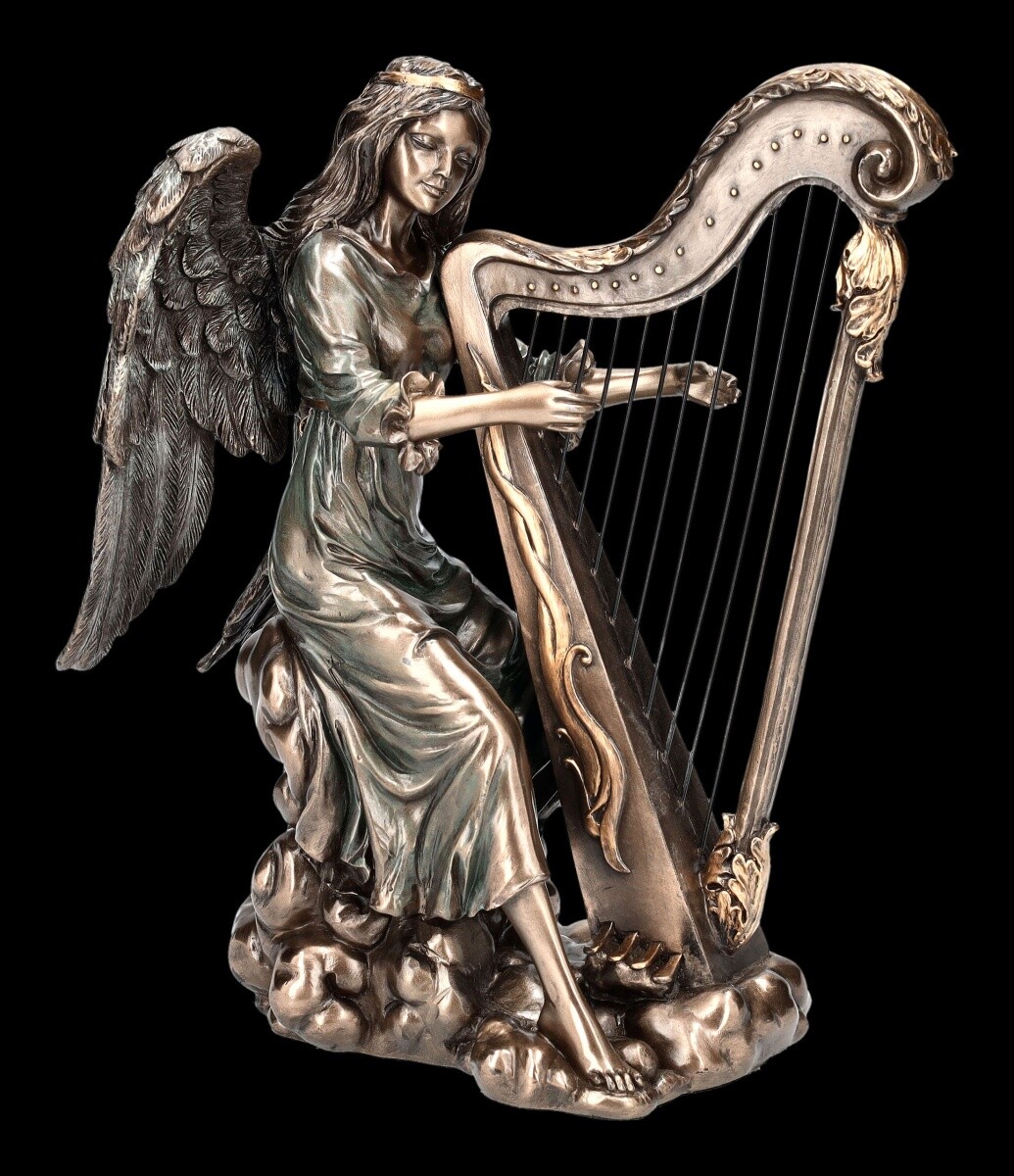 Veronese Bronzed Angel Figurine Playing Harp Decorations 20,5cm