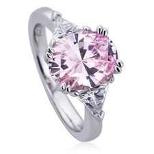 10mm Platinum Plated Silver 2.5ct Oval Pink CZ Prong Wedding Engagement Ring