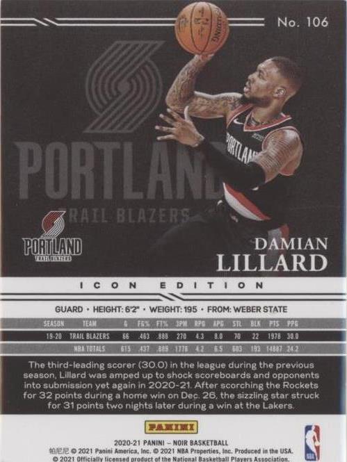 ‼️Damian Lillard‼️直筆サインカード　美品‼️noir‼️ 2020-21 Panini Noir - Damian Lillard #106 for sale | eBay
