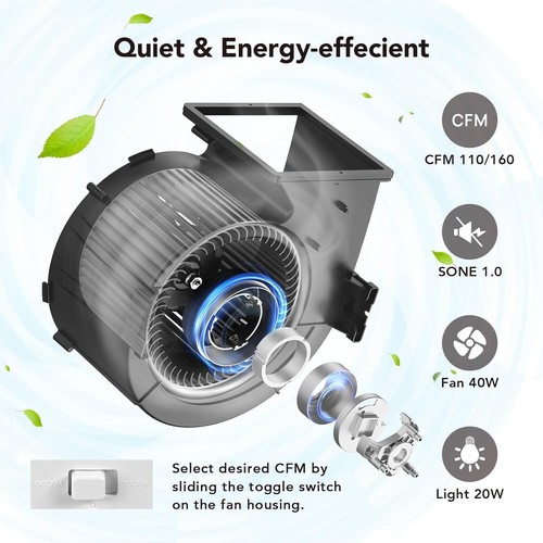 OREiN Bathroom Fan with Bluetooth Speaker, 110/160 CFM 1.0 Sones Bathroom Exhaus - Picture 9 of 9