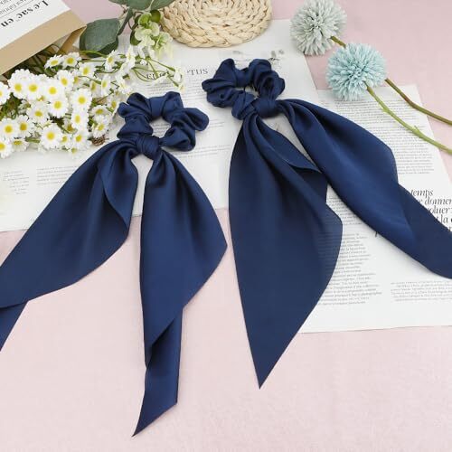 Silk Scrunchies and Hair Ties Set for Women - Scrunchies, Hair Bow, Satin Blue - Picture 6 of 6