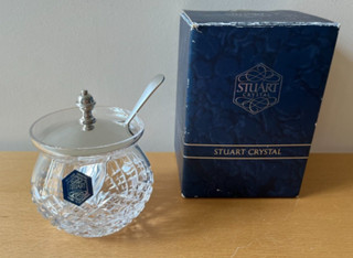 Stuart Crystal Shaftesbury Preserve/Honey Jar w Silver Plated Lid &Spoon Signed