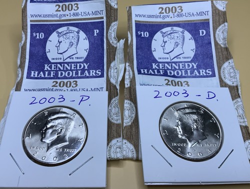 2003 P&D KENNEDY MEZZO DOLLARO (SET DI 2 MONETE) non circolato con COINLIP USMINT ROLL. - Foto 2 di 12