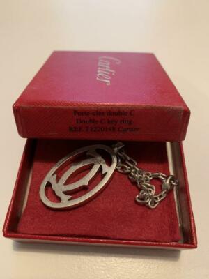 Cartier Porte Cles Decor Double C Key Chain Ring Silvertone w/Box