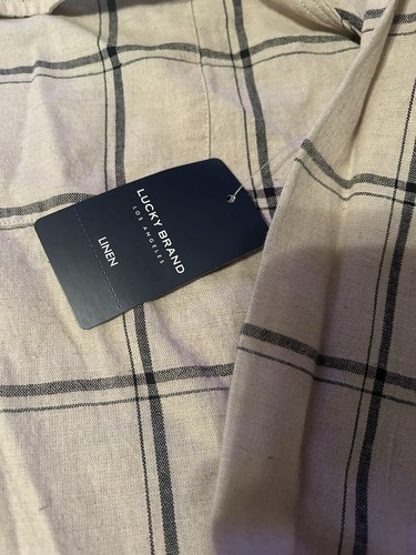NWT Lucky Brand Mens XXL Linen Button Up Shirt LS Tan & Gray Plaid Classic Fit - Picture 4 of 8