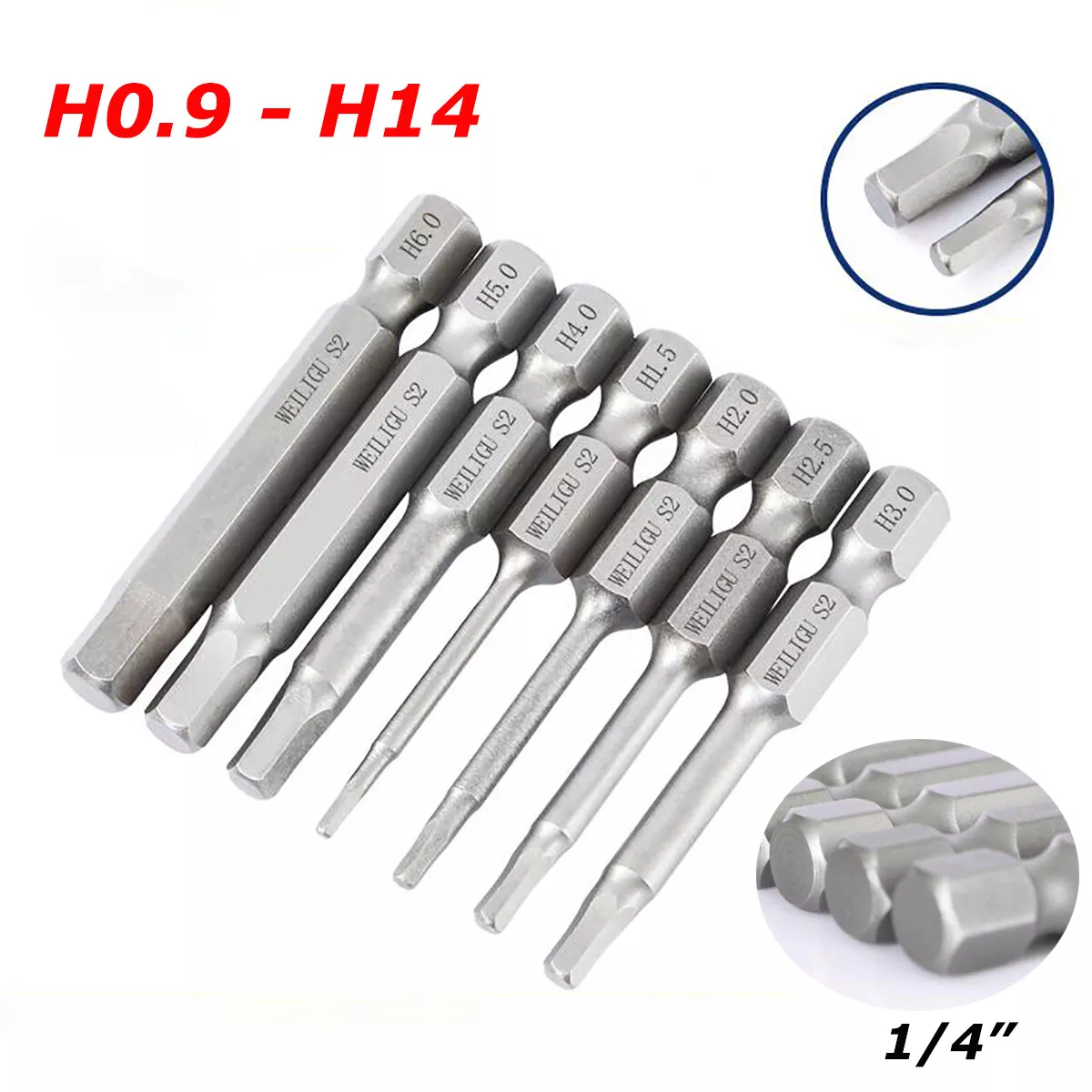 H0.9-H14 Hex Bits Interior Hex Screwdriver 1/4 Hex Shaft S2 Steel