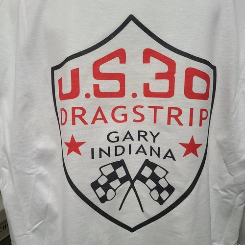 Vintage RACE/DRAG/GASSER T-shirt U.S. 30 DRAGSTRIP GARY INDIANA CHECKER FLAGS