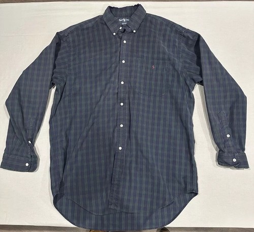 Polo Ralph Lauren Big Shirt Mens Large Blue Tartan Plaid Button Down Small Pony - Foto 1 di 7