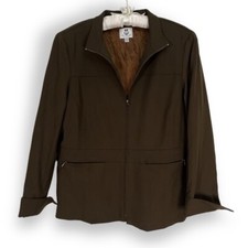 Renfrew Brown Jacket Zip Up Blazer Coat Lined Shoulder Pads Pocket Career Sz 12
