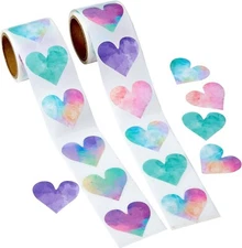 Watercolor Heart Stickers for Kids - 2 Rolls