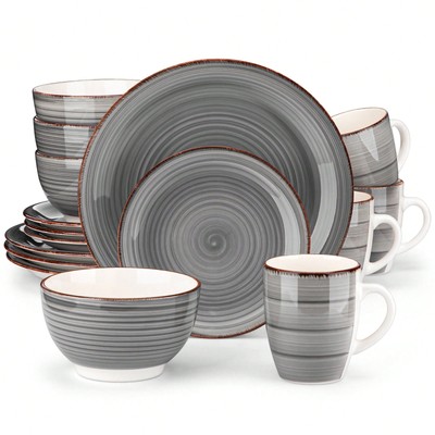  16Pcs Dinnerware Set Grey Porcelain Plates Bowls Mugs for 4