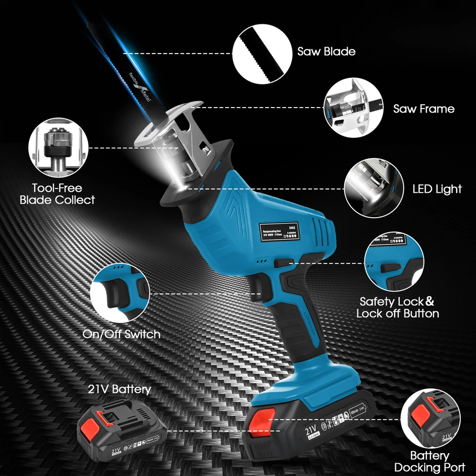 Cordless Recipro Saw 3500RPM Tool-Free Blade Change with 4Pcs Blades 2 Batteries - image 3 of 4