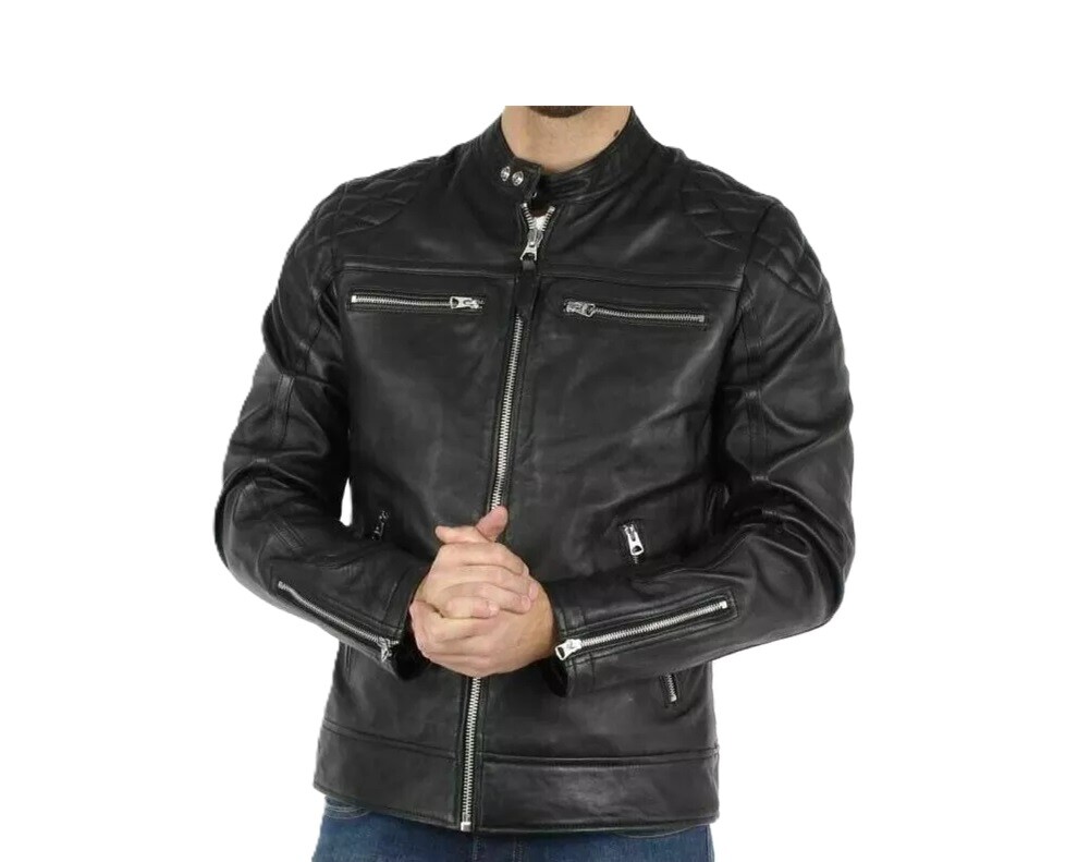 Men's Quilted Black Jacket Genuine Lambskin Leather Motorcycle Biker Racer Coat