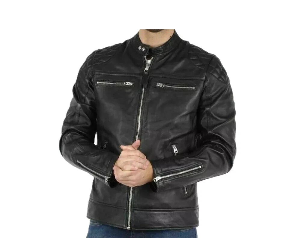 Men's Quilted Black Jacket Genuine Lambskin Leather Motorcycle Biker Racer Coat