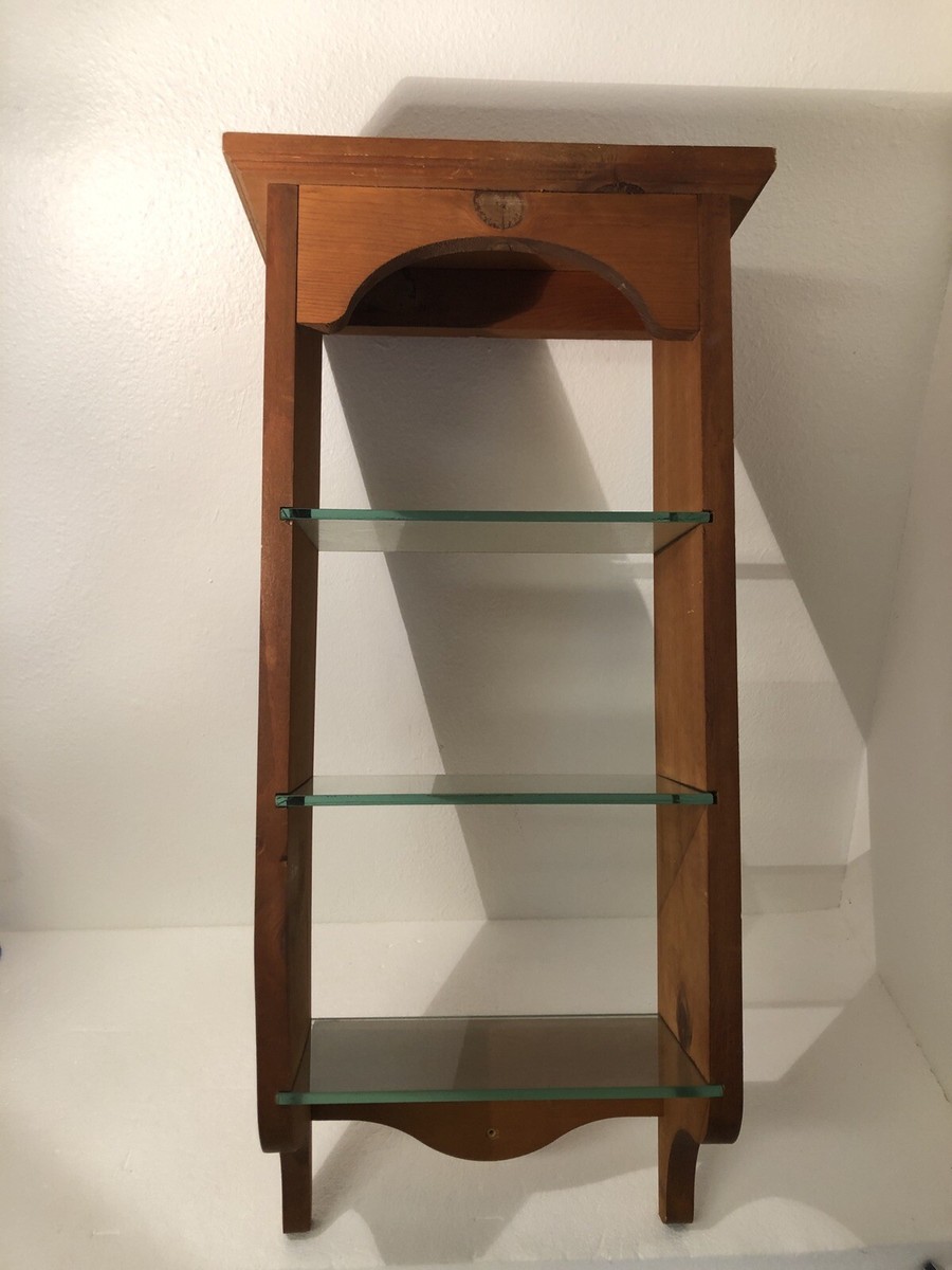 Vintage 24” Solid Wood Thick Glass 1970 Wall Mount Hutch Style