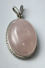 Vintage Sterling Silver 925 Repousse Rimmed Rose Quartz Cabochon 1'' Pendant