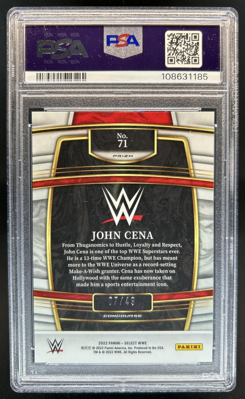 2022 Panini Select WWE John Cena Pink Prizm Concourse #/49 PSA 9 view 2